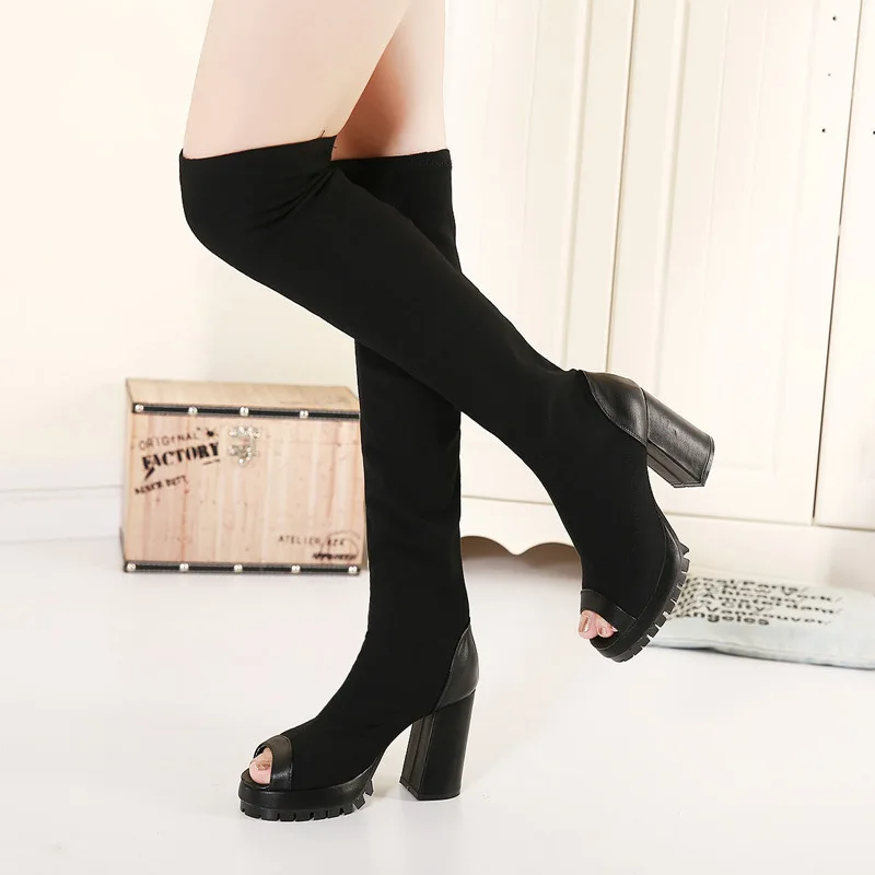 Женщины весна осень черный эластичная ткань peep toe над коленом платформы