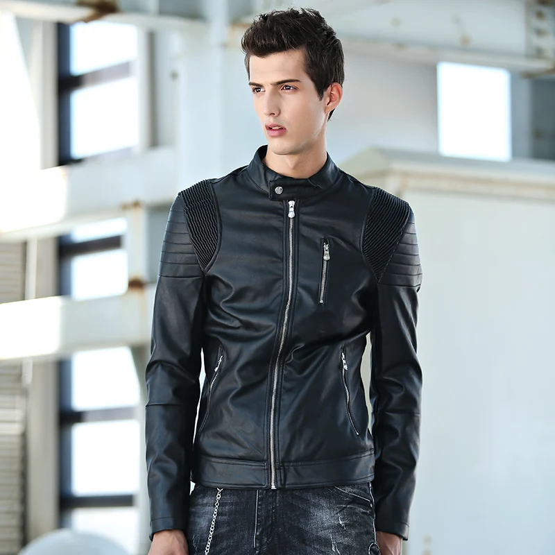 2018 New Mens Leather Men Slim Washed PU And Viscose Material Motorcycle Jacket Stand Collar Casual Ruched Zipper | Мужская одежда