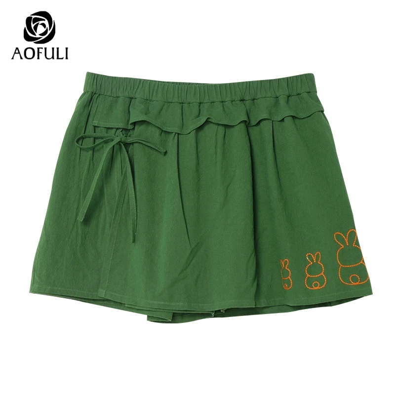 AOFULI L ~ 3XL 4XL Повседневная Женская хлопковая юбка шорты с бантом эластичная резинка