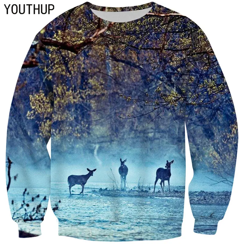 

YOUTHUP 2020 Spring Hoodies Man 3D Print Deer Tree Sweatshirts For Men Long Sleeve Pullover Casual Streetwear Plus Size 3D Tops