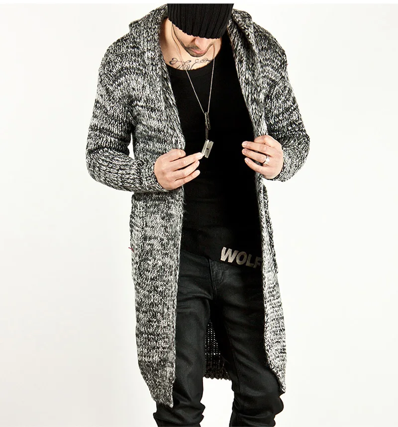 Модный мужской теплый свитер вязаный длинный кардиган с капюшоном осенне зимнее