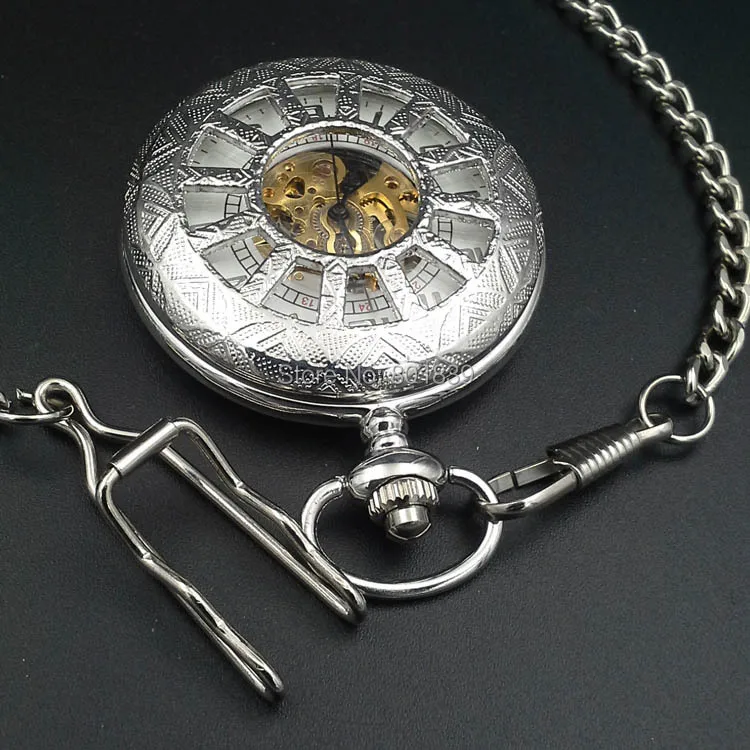 Elegant Silver Tone Skeleton Mechanical Wind Up Men's Pocket Watch Nice Gift H167|watch silver|watch storewatch flying |