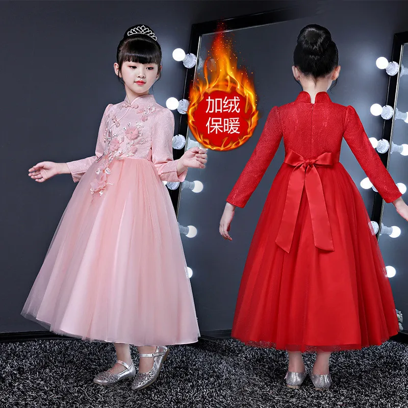 С цветочным рисунком для маленьких девочек Cheongsam Qipao платье для детей с новогодней елкой, бумажный новогодние костюмы Ткань Детские платья Свадебный костюм, одежда