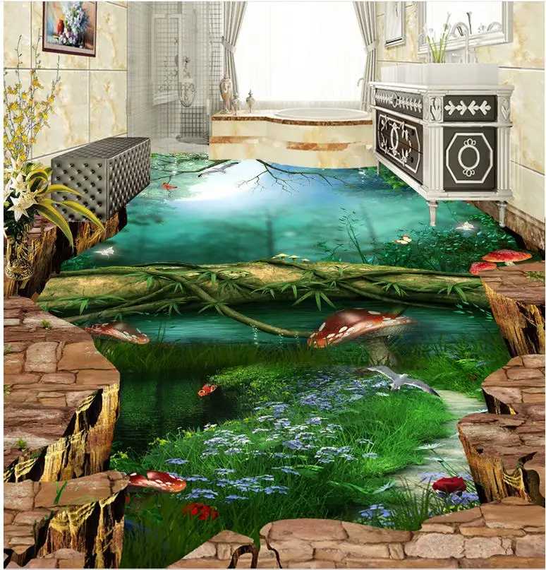 3D-обои с рисунком пола водостойкие обои 3d изображением скалы леса дороги ванной