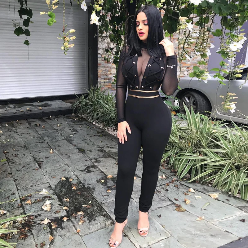 Женский комбинезон с длинными рукавами черный в полоску сеткой для вечеринок