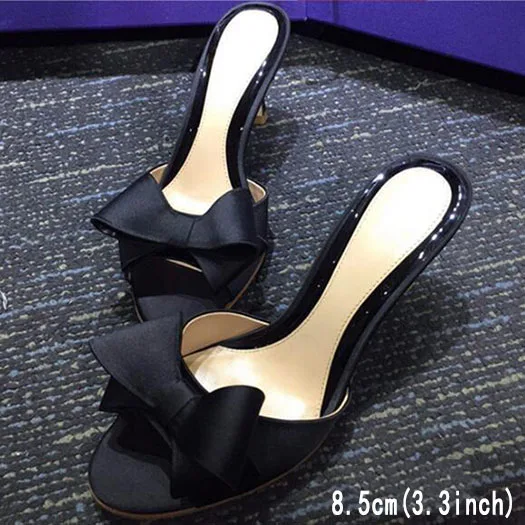 Black 8.5CM Свадебный милый лук приукрашенный ластик леди модная обувь женщин сандалии свадьба шлепанцы высокий каблук лето сатин тапочки дизайнер - Цвет: Black 8.5CM