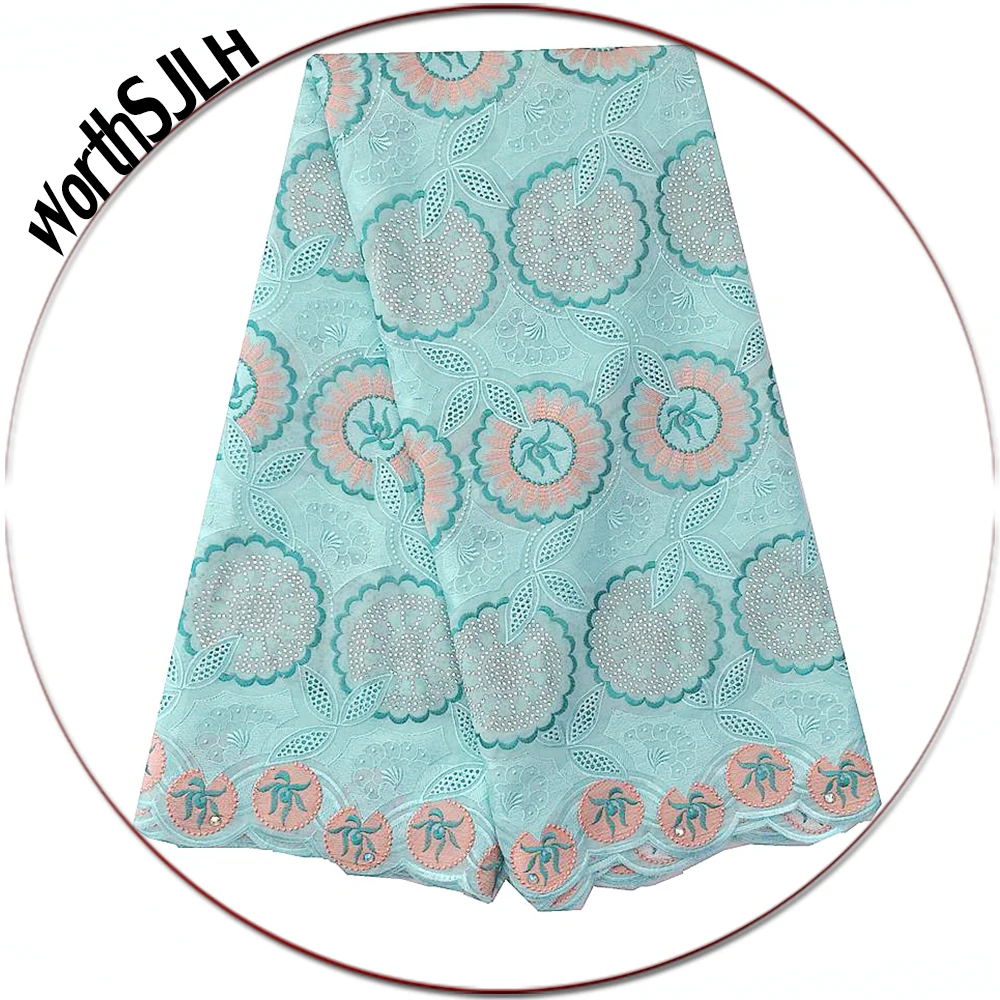 

Women Nigerian Lace Fabric 2019 High Quality Aqua White Bridal Big African Lace Fabric Swiss Voile Cotton Lace With Stones