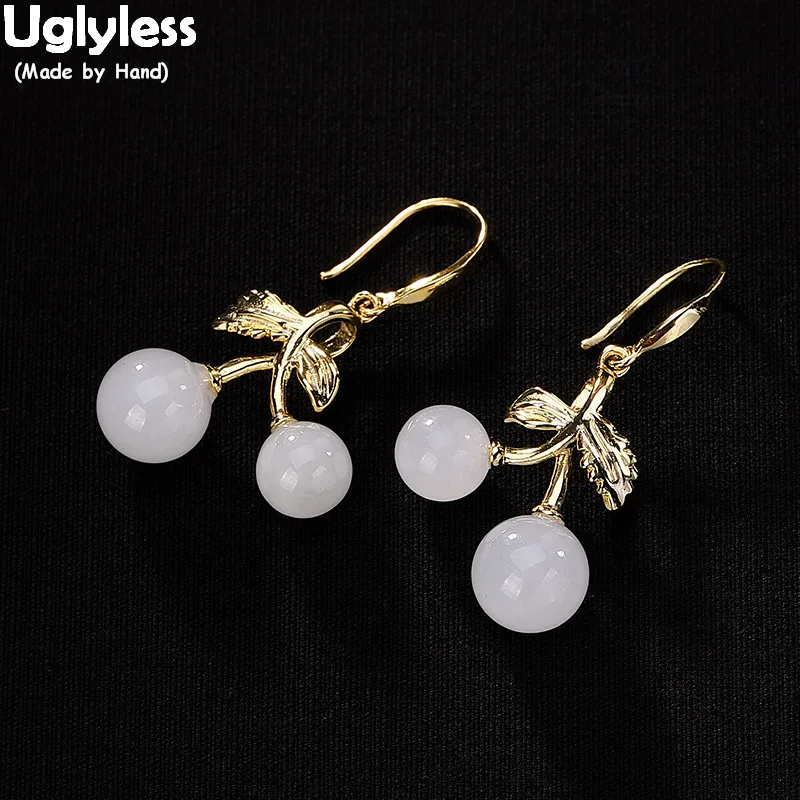 

Uglyless Real 925 Sterling Silver Cherry Earrings for Women Luxury Plated Gold Fine Jewelry Natural Jade Balls Earrings Brincos