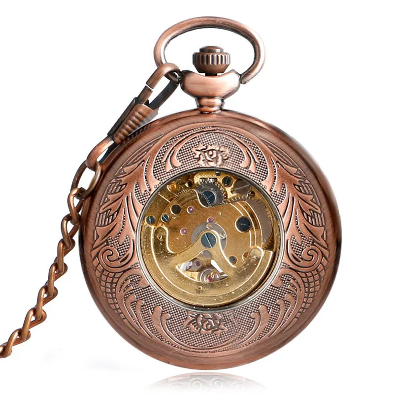 

Vintage Exquisite Hollow Sun Design Pocket Watch Chain Automatic Mechanical Copper Pendant Cool Fob Clock Women Men P2069C
