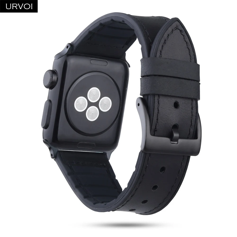 Ремешок URVOI для apple watch series 4 3 2 1 кожаный силиконовый ремешок iwatch дышащая черная