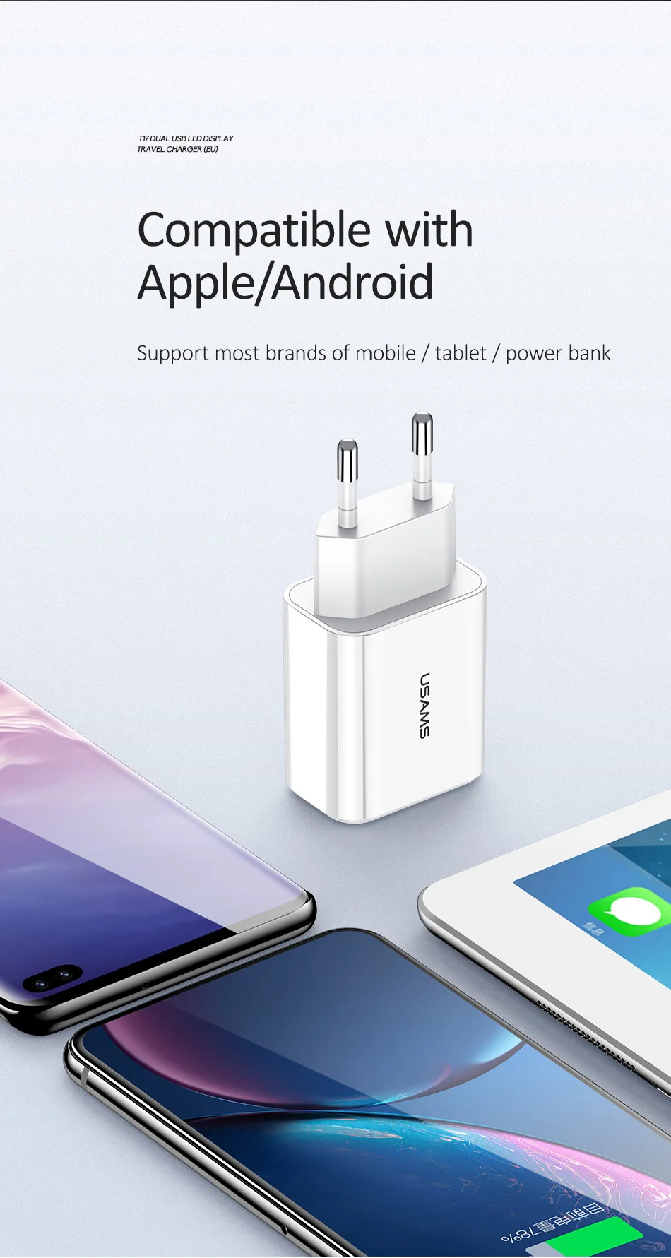USAMS 2 USB ЕС светодиодный дисплей USB зарядное устройство для iPhone samsung Xiaomi 2.1A Быстрая зарядка настенное зарядное устройство с двумя портами зарядное устройство для мобильного телефона