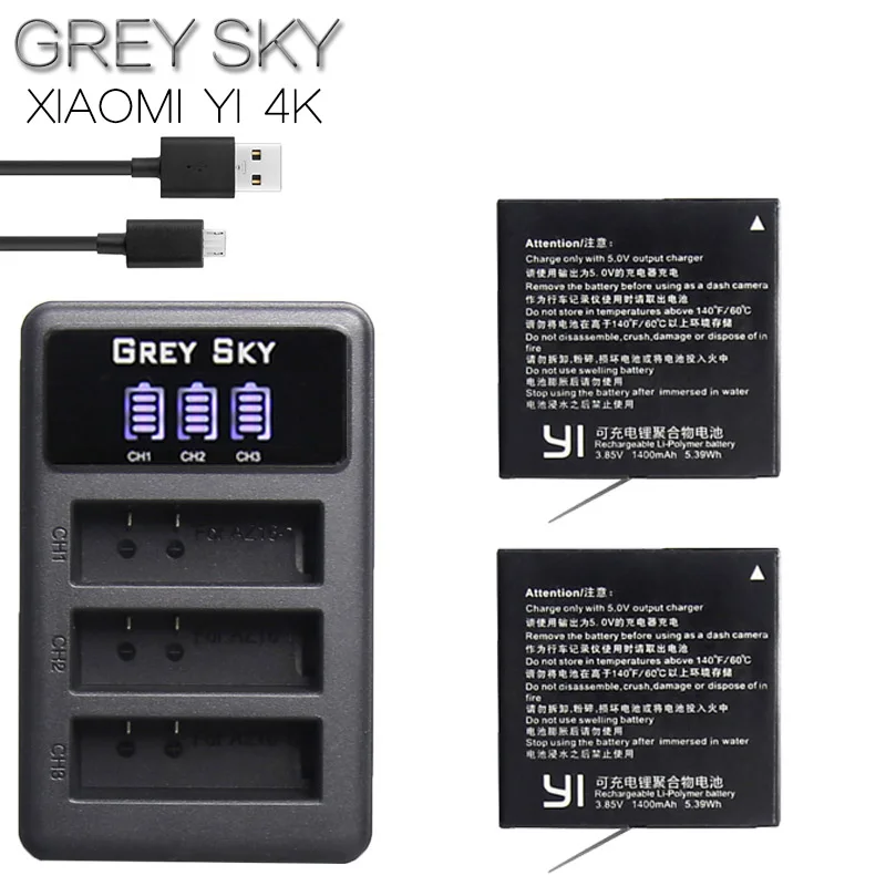 charger and 2battery 3 шт. 1400 мАч AZ16-1 батареи для Xiaomi YI lite 2 4K 4k+ светодиодный USB 3 слота зарядное устройство для Xiao yi 4k батарея для экшн-камеры - Цвет: charger and 2battery