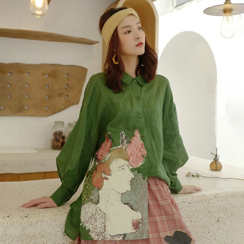 green shirt TWOTWINSTYLE принт мультфильм женская блузка рубашки свободные фонарь с длинным рукавом спинки рубашки Топы женские винтажные Модные осенние новые - Цвет: green shirt