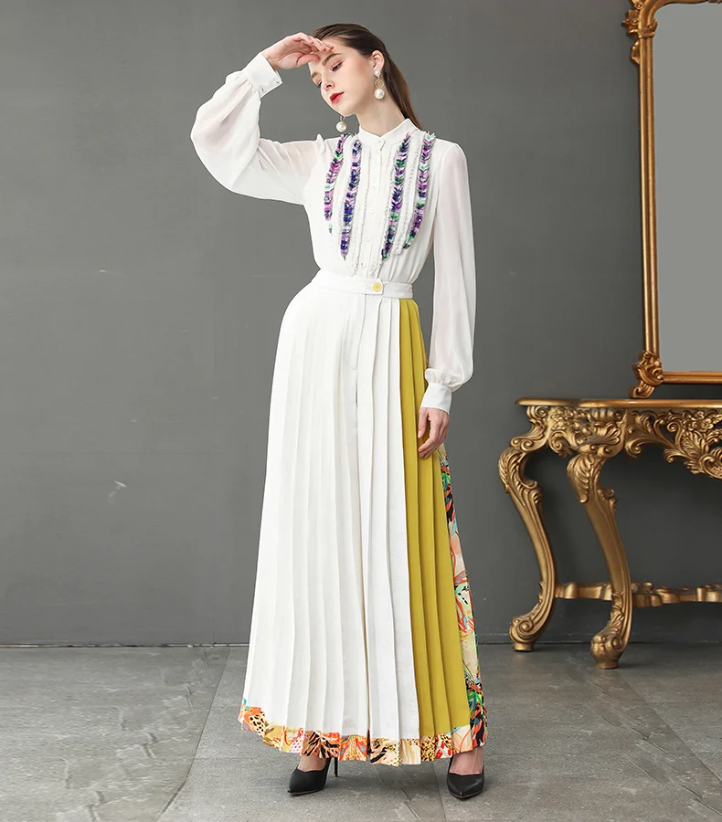 VOA тяжелый шелк Boho Белый Палаццо широкие брюки женские длинные брюки плюс размер свободный крой, повседневный пляжный офисный формальный Высокая талия K382