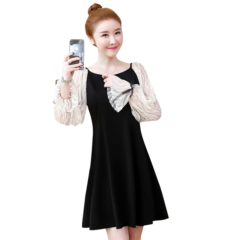 5XL кружевное платье женское 2019 весеннее Новое Женское с длинным рукавом и круглым