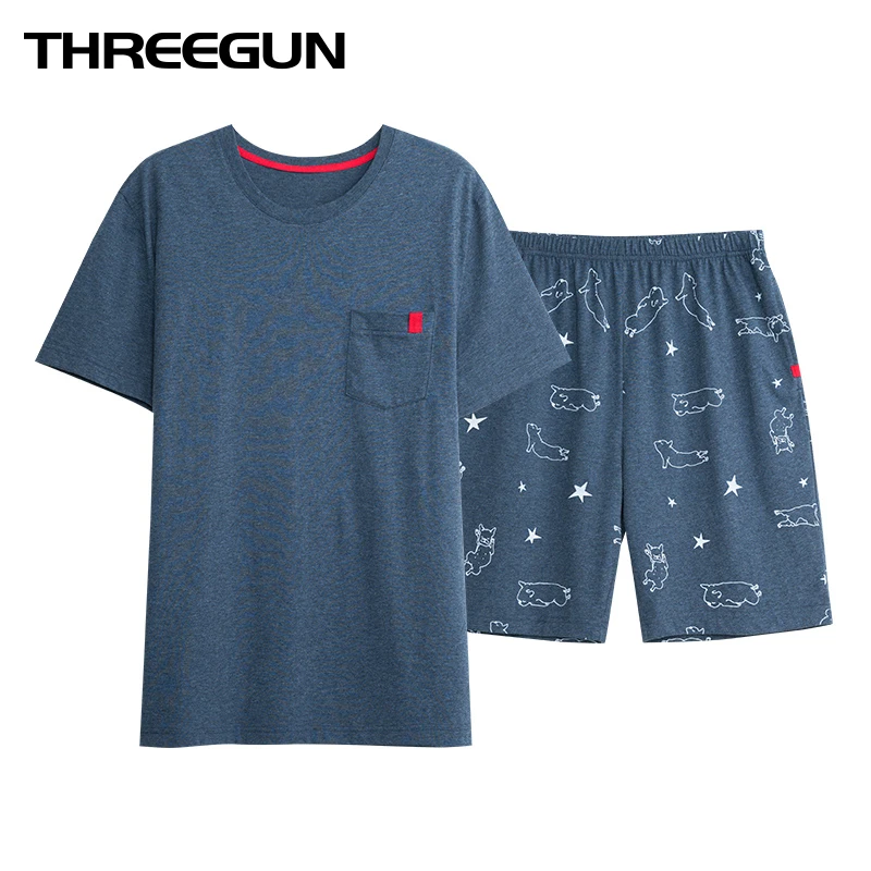 THREEGUN брендовая мужская сексуальная пижама, Повседневная Домашняя одежда, мужские шорты для сна, пижамный комплект, хлопковые топы, футболки и шорты, пижама hombre