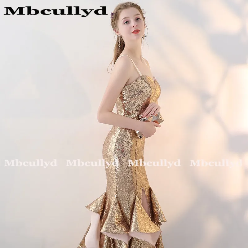 Женское длинное вечернее платье с блестками Mbcully золотистое юбкой годе открытой