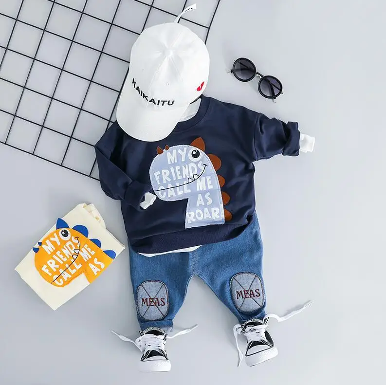 BBYZlong Blue Весенняя одежда для маленьких мальчиков и девочек костюмы для младенцев с рисунком динозавра из мультфильма, футболка и брюки, 2 шт./компл. с героями мультфильмов, костюм для детей - Цвет: BBYZlong Blue