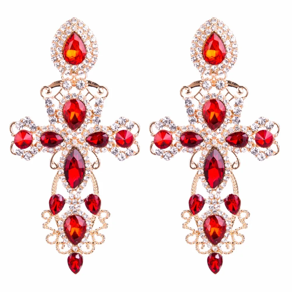 Luxury Gorgeous Blue Crystal Stone Cross Pendant Earrings for Women Baroque Fashion Drops Dangle Big Earring Jewelry Украшения и