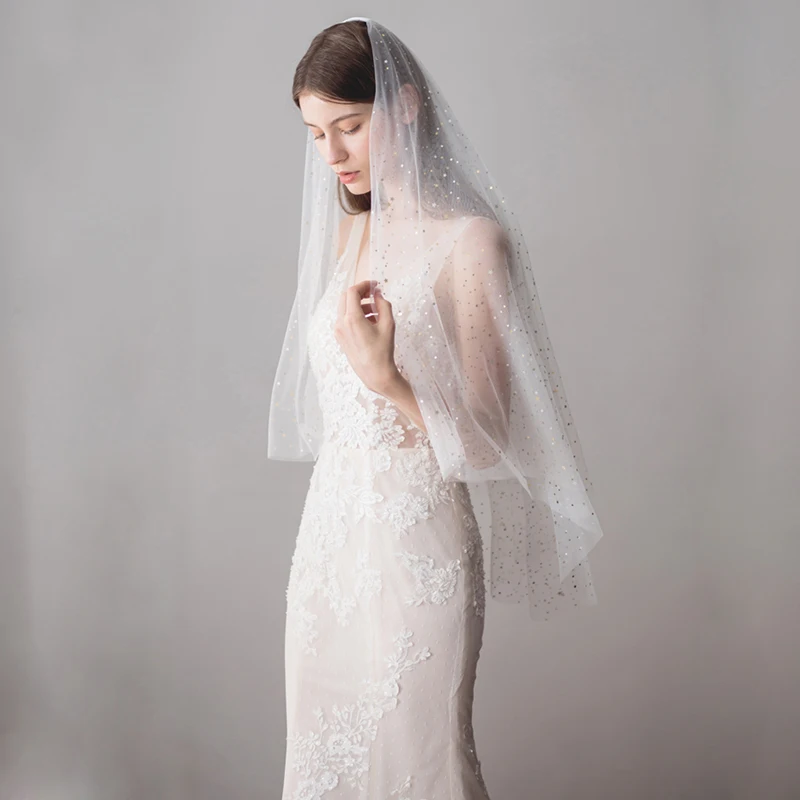 Вуаль de Mariage с кромкой цвета слоновой кости белая свадебная вуаль со звездами