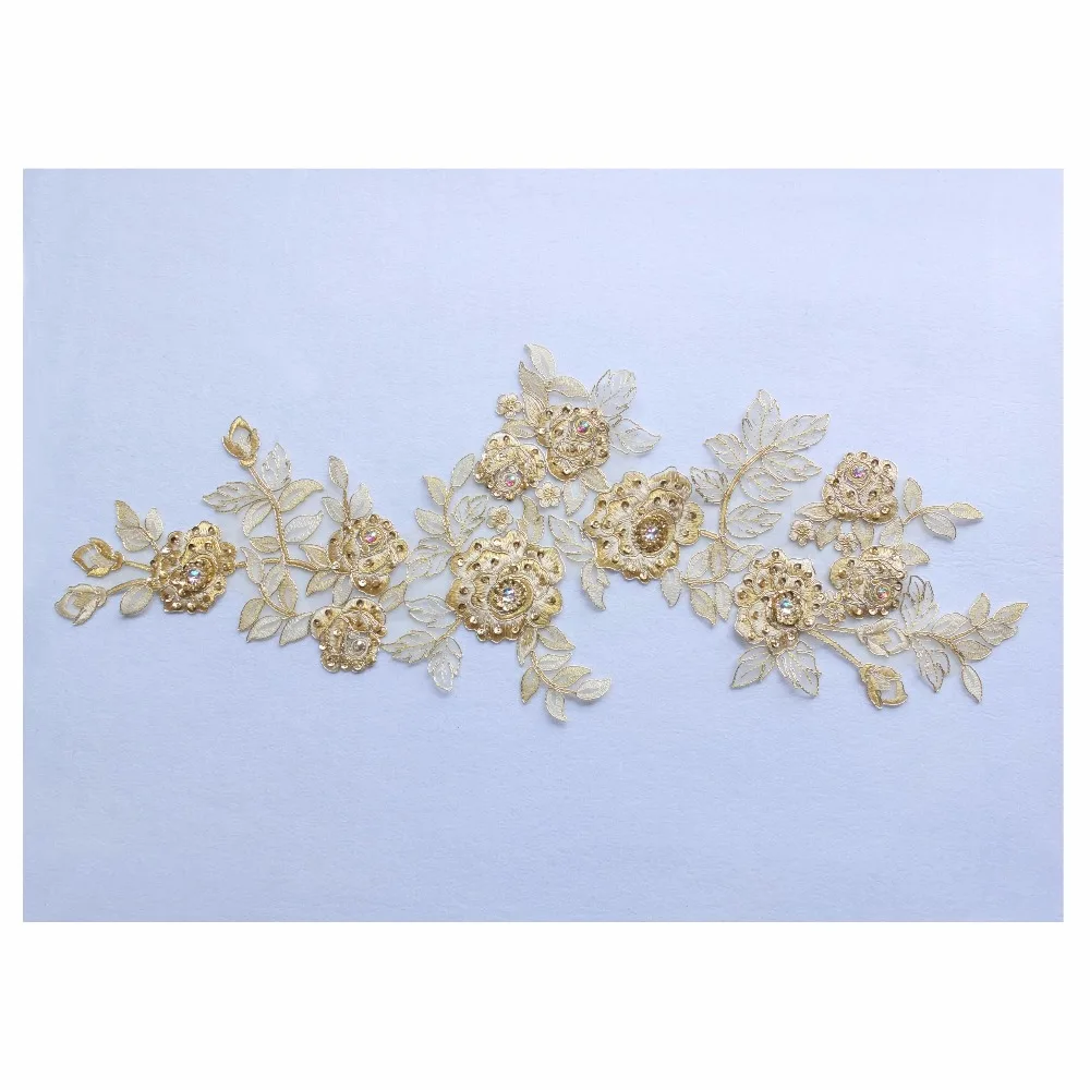 Free Shipping 5pcs/lot x New 3D Handmade Gold/Cream Beaded Sequin Flower Embroidery Organza Lace Applique Patches Collar BNC135E | Дом и сад