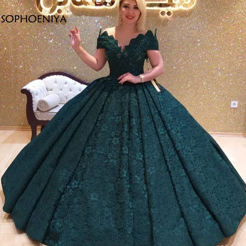 

New Arrival V Neck Ball gown muslim evening dress Lace evening dresses Dubai Kaftan evening gown robe soiree