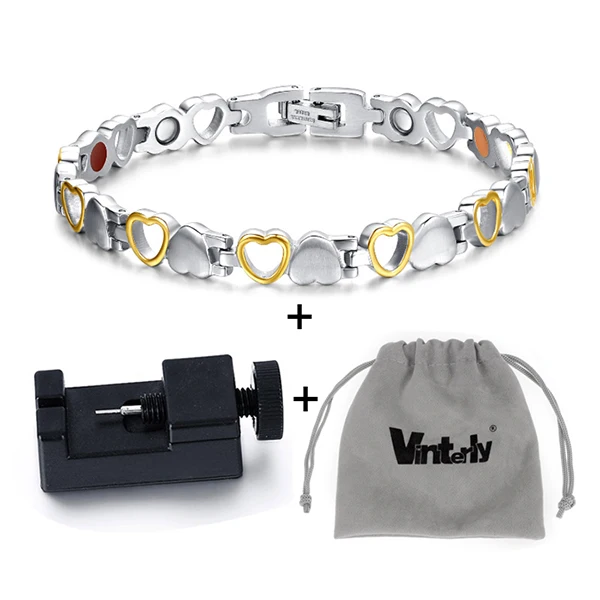 silver gold tool bag Магнитные браслеты Vinterly для женщин, цепочка в форме сердца, женский браслет, германий, энергия для здоровья, браслет из нержавеющей стали, женские преимущества - Окраска металла: silver gold tool bag