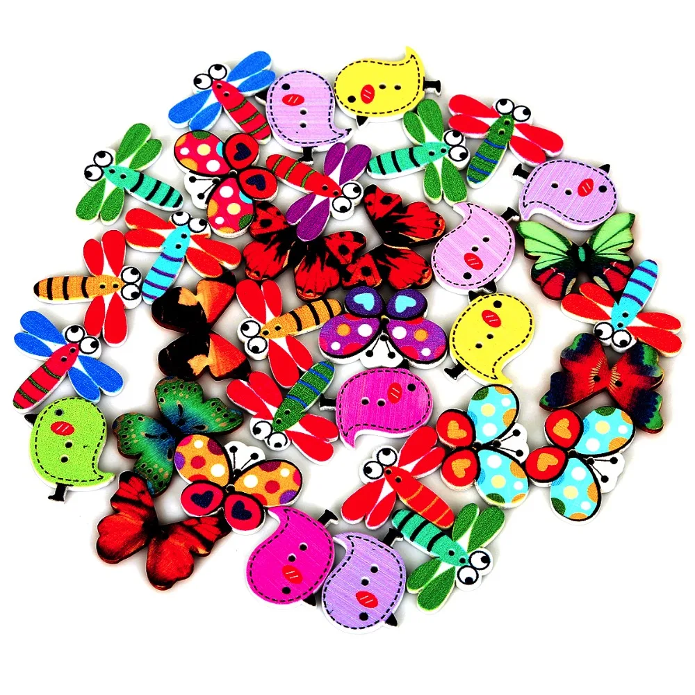 Новый 50 шт. 2 отверстия Смешанная бабочка птица Стрекоза деревянные пуговицы для