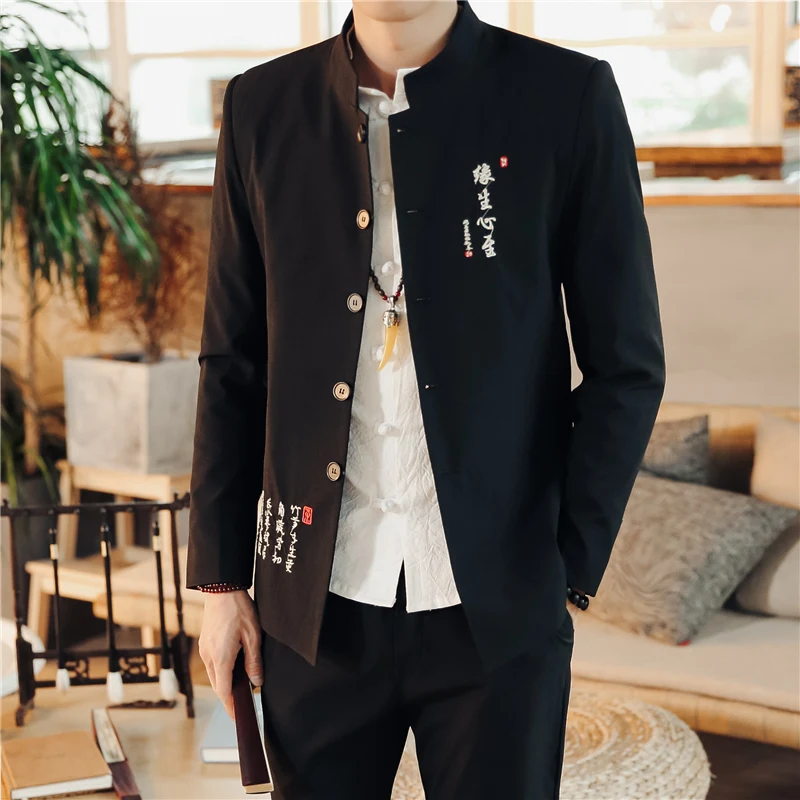 Мужской классический блейзер с вышивкой черный пиджак воротником стойкой и