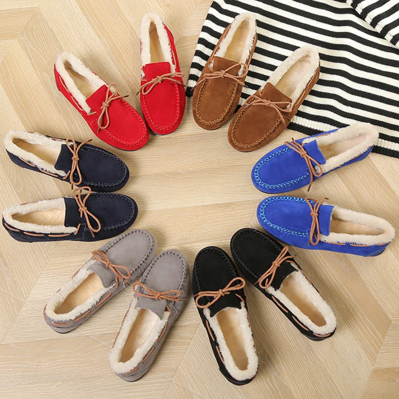 Женские меховые лоферы плюшевые слипоны на плоской подошве с бантом