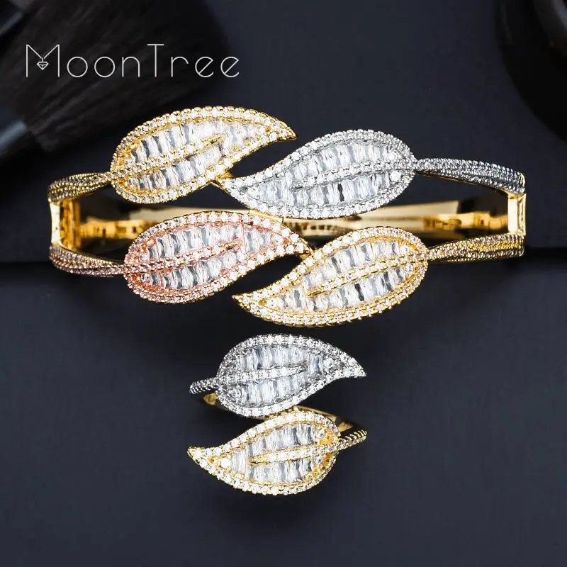 MoonTree/роскошный женский браслет золотого цвета с листом ААА фианитом и кубическим