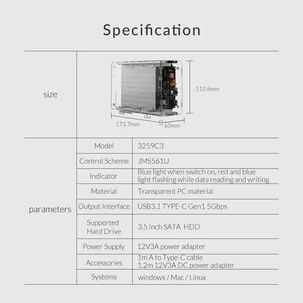 Портативный корпус для жесткого диска ORICO 3 5 дюйма с 2-мя разъемами типа SATA к USB C