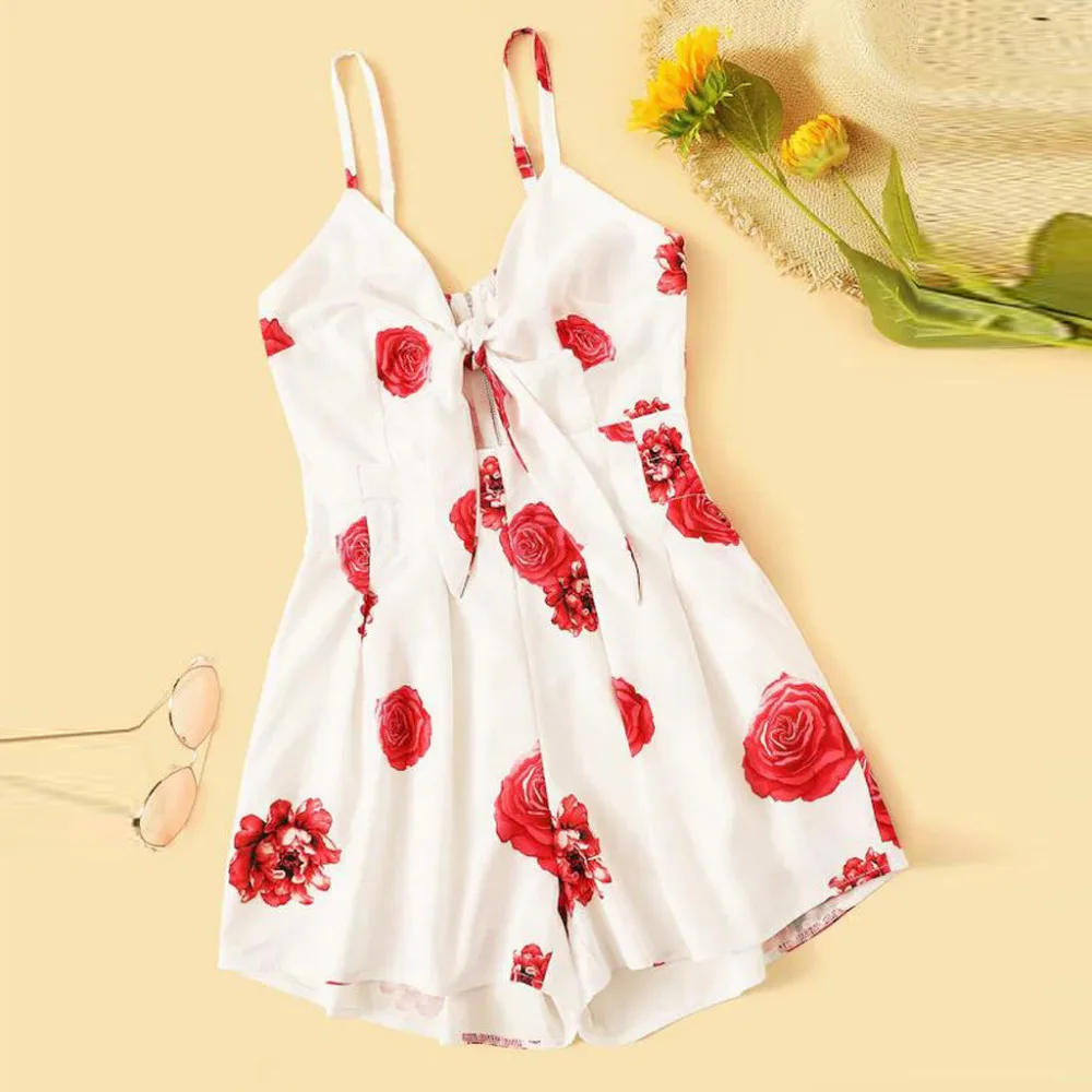 Модный женский комбинезон шорты повседневный с цветочным принтом и бантом на