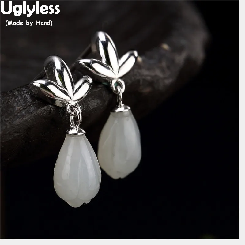 

Uglyless Real 925 Sterling Silver Natural Jade Magnolia Flower Dangle Earrings Handmade Leaves Brincos Bijoux Women Fine Jewelry