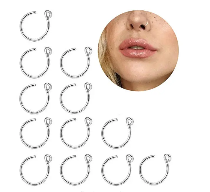 Lot50pcs клип на Поддельные Нос губ 20 г обруч губный серьги-гвоздики кольца нос хирургическая Сталь без отверстие без необходимости прокола Украшения для тела отправка