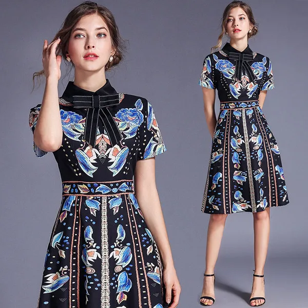 Летнее женское винтажное праздничное платье с цветочным принтом, vestidos, высококачественное женское платье трапециевидной формы с коротким рукавом и бантом, обтягивающие повседневные платья - Цвет: picture color