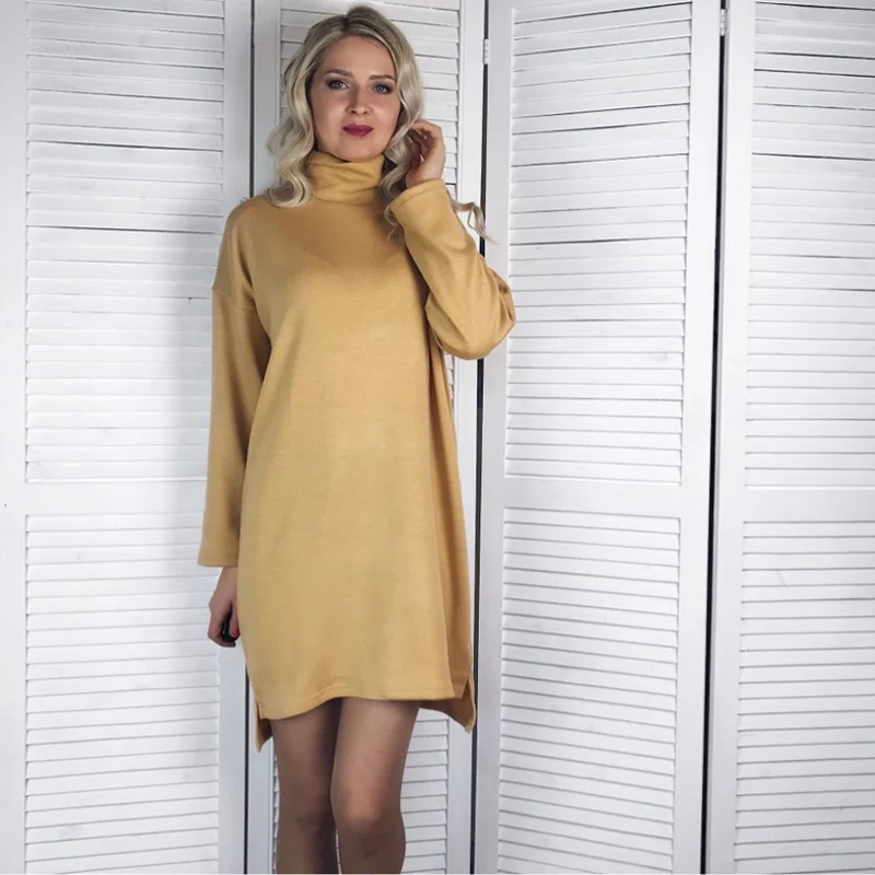 Зимнее женское платье-свитер с длинным рукавом водолазка свободное платье