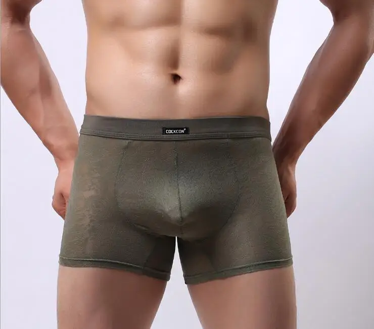 army green boxers Cockcon, фирменное Мужское нижнее белье, боксеры, сексуальные, u-образные выпуклые, дышащие, мужские кружевные подштанники, шорты, прозрачные, Мужские штаны - Цвет: army green boxers