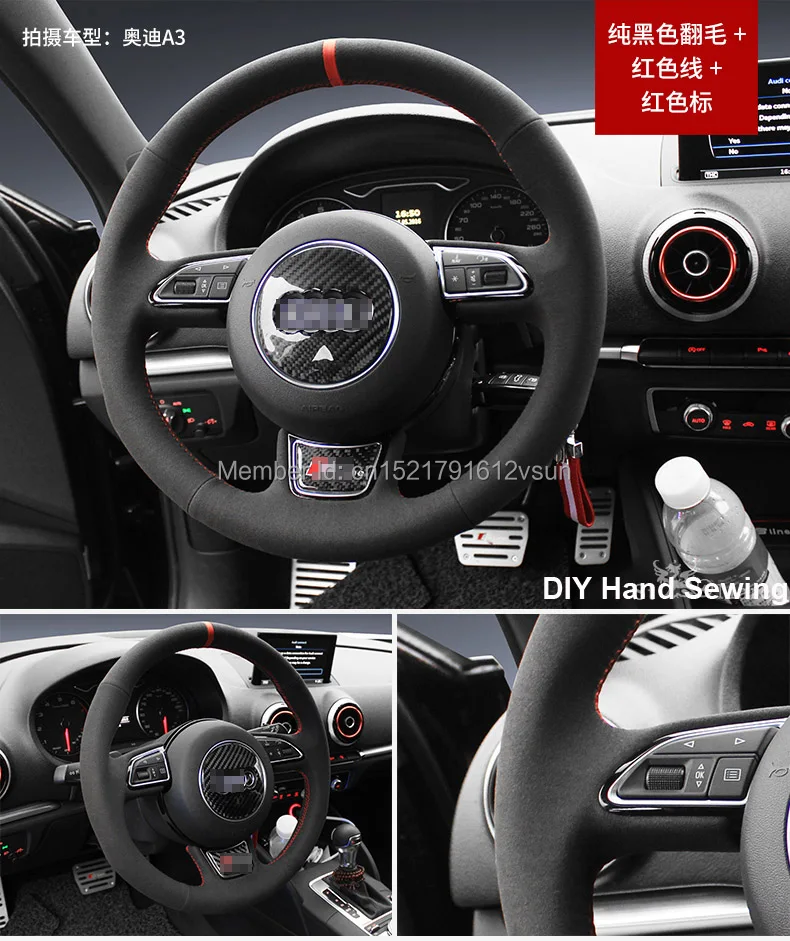 Для Audi A3 высокое качество ручная прошивка противоскользящая черная замша красная нить DIY чехол на руль