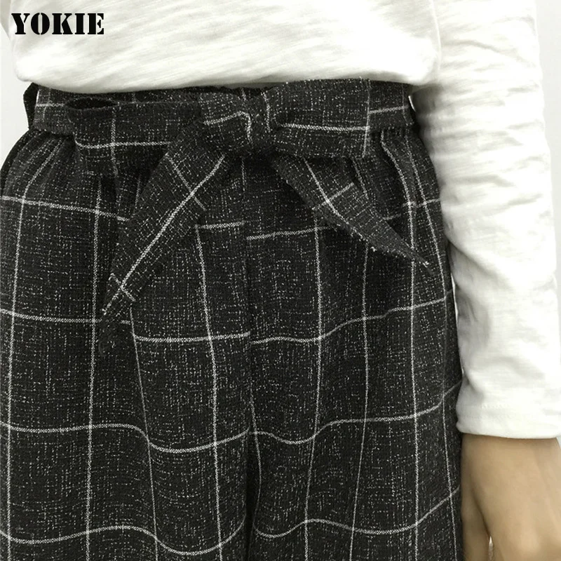 Летний стиль женские широкие брюки клетчатые льняные хлопковые высокая