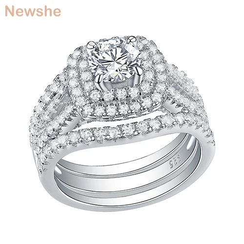 Withe Color Newshe 3 шт. 925 пробы серебряные обручальные кольца для женщин 2 Ct AAA CZ Синие боковые камни классические ювелирные изделия обручальное кольцо набор - Цвет основного камня: Withe Color