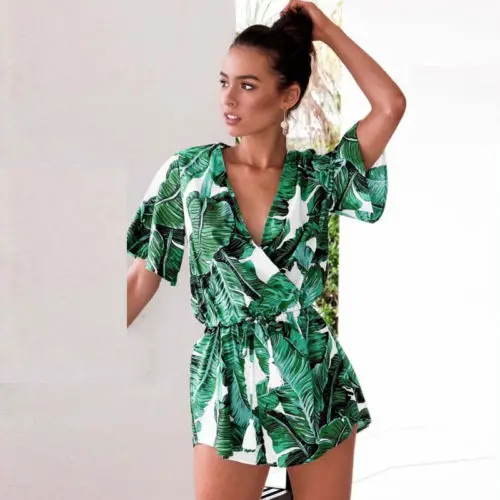 

Summer new fashion Women short sleeve green printed Jumpsuit Clubwear Bodycon Playsuit sexy female deep v-neck loose Rompers
