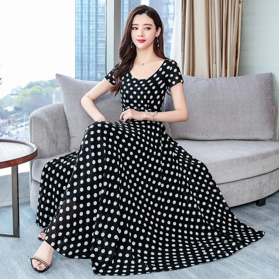 Новинка 2019 винтажное шифоновое платье в горошек бохо макси сарафан размера плюс пляжный отдых миди летние