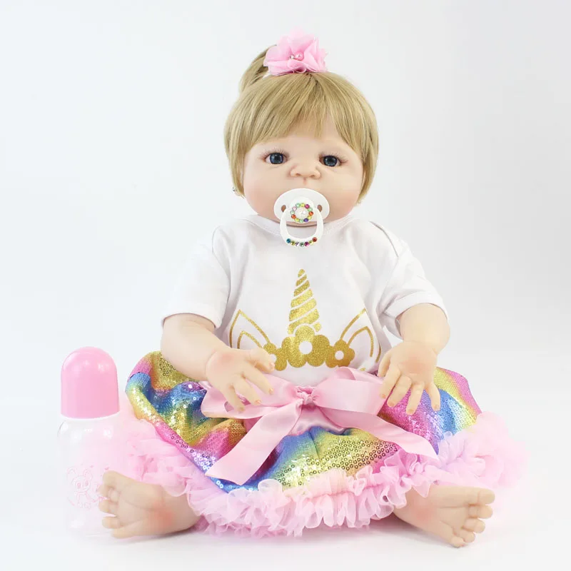 55 см полностью силиконовая кукла Reborn Baby Blonde для девочек, виниловая игрушка для новорожденных принцесс с единорогом, одежда Alive Bebe Boneca