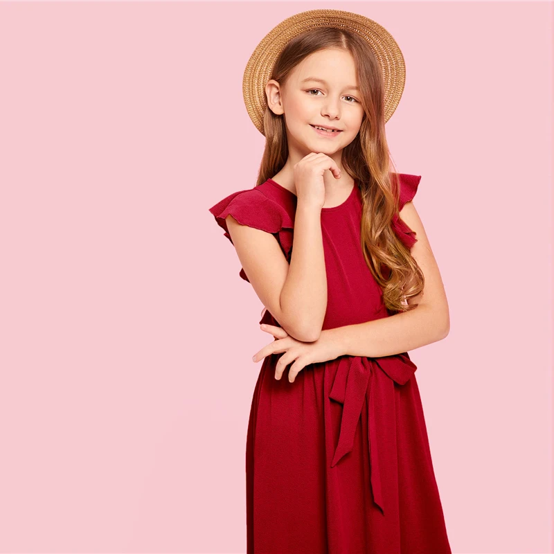 SHEIN Kiddie/Бордовое платье на молнии с рюшами сзади для девочек-подростков; вечерние платья макси для девочек; коллекция года; сезон лето; зеленое платье трапециевидной формы без рукавов для девочек