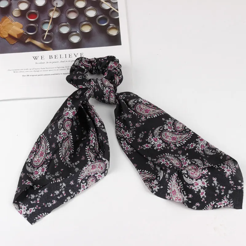 floral black Сатиновые Галстуки для волос с принтом в стиле бохо для женщин и девочек, ленточные резинки для волос, аксессуары для волос - Цвет: floral black