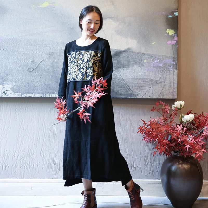 Контур Для женщин Вышивка Хлопковое платье Винтаж черный О образным вырезом с