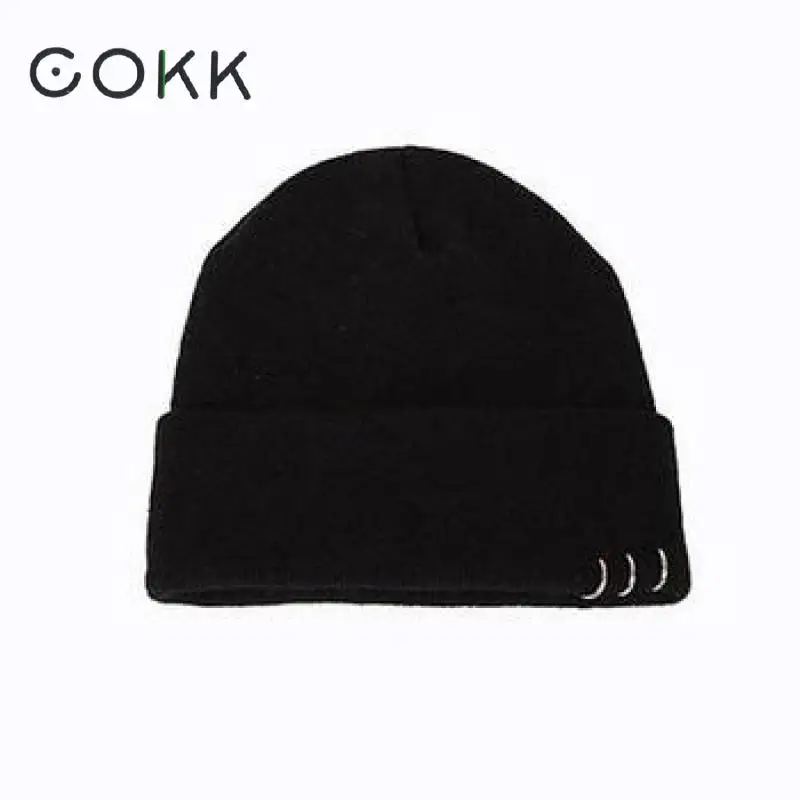 COKK Autumn Winter Hats For Women Girls Knitted Cap With Ring Hip Hop Korean Bonnet Beanie Hat Female Stretch Hats Gorras Black
