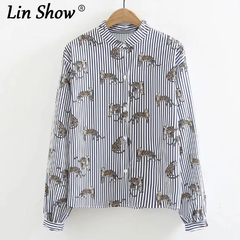 Linshow Мода Животных Печатные Блузка с длинным рукавом белый полосатый Питер Пэн