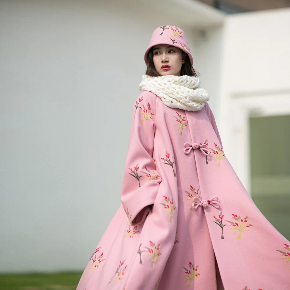 

MM089 New Arrival Winter 2016 women vintage flare sleeve single breasted x long loose a line embroidered wool coat pink